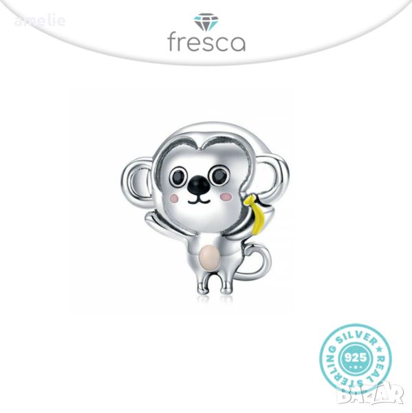 Талисман Fresca по модел тип Пандора сребро 925 Pandora Little Monkey with Banana. Колекция Amélie, снимка 1