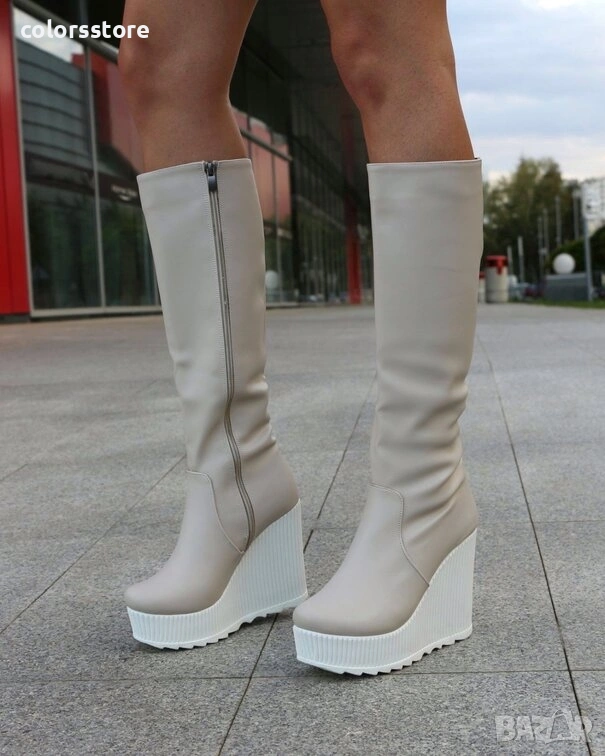 Ботуши на платформа - бежова кожа с бяло ходило - BNP200, снимка 1