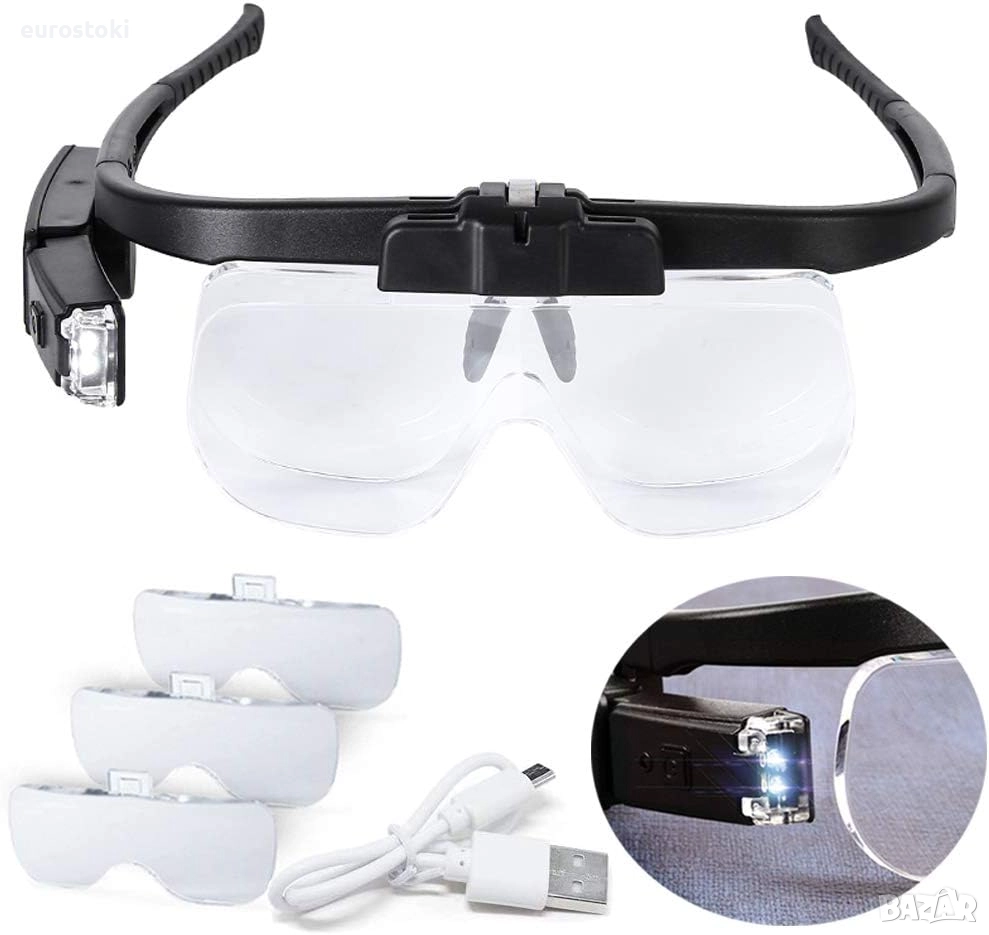 Лупа очила с LED светлина за работа отблизо, USB акумулаторна лупа за глава, снимка 1