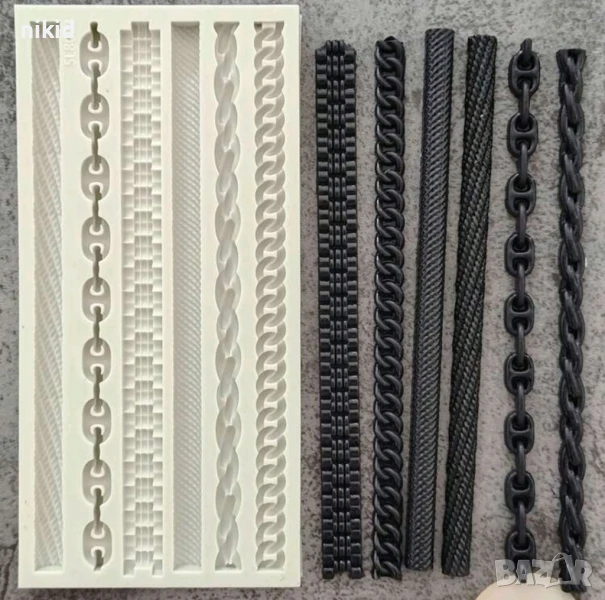 6 вида ланец въже верига верижка каишка борд кант силиконов молд форма фондан шоколад гипс декор, снимка 1