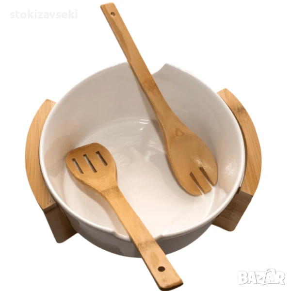 Керамична купа за сервиране с поставка от бамбук, снимка 1