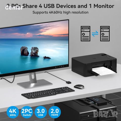 HDMI KVM превключвател 2 компютъра 1 монитор 4K@60Hz USB 3.0 и 4 USB 3.0 устройства, снимка 4 - Друга електроника - 46788528