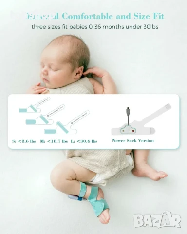 НОВ Чорап за наблюдение на бебе Babytone, проследяване на сърдечната честота, нивото на кислорода..., снимка 3 - Пелени, памперси - 50555757