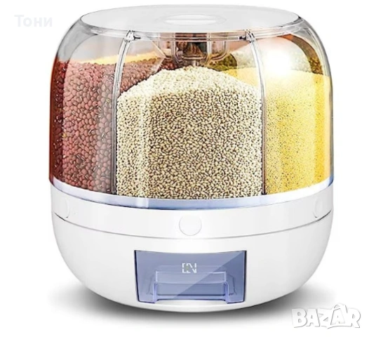 Диспенсър за зърнени храни, 6 отделения\7.5л., въртяща основа, Бял