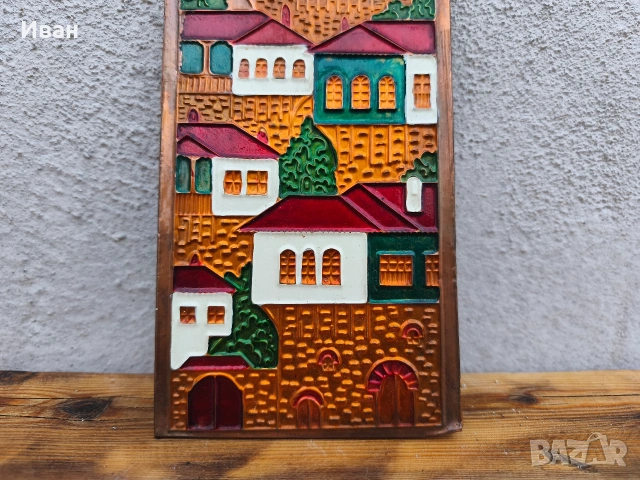 медно пано с емайл Къщи , снимка 3 - Пана - 53709751