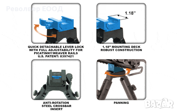 ДВУНОГА LEAPERS SHOOTER’S BIPOD, QD, 6.2″-6.7″, снимка 6 - Екипировка - 45055216