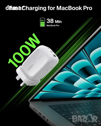 Зарядно Belkin 3-портово 100W, GaN, с 2 USB-C и 1 USB-A порта, бяло, снимка 3 - Друга електроника - 51944690
