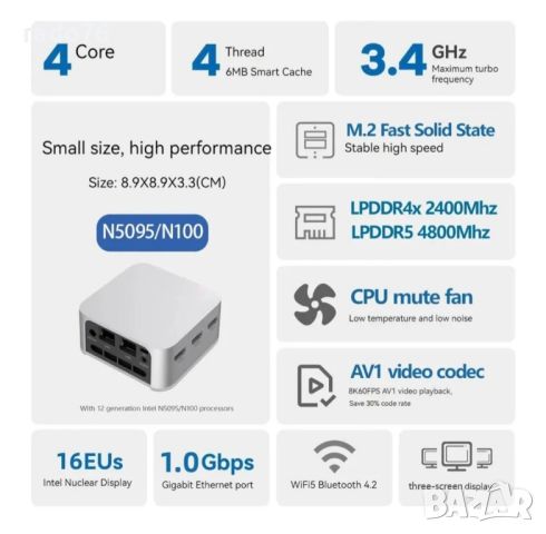 Mini PC Intel Celeron 16GB 512GB DDR4 DDR5 WIFI5 BT4.2, снимка 2 - Работни компютри - 45419662