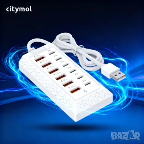 12-портово зарядно устройство за бързо зареждане, 66W, 6 USB + 6 Type C порта, 100 см кабел, снимка 3 - Оригинални зарядни - 53193225