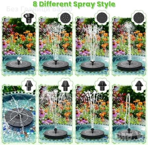 Нова Соларна помпа фонтан 3.5W с батерия 8 дюзи за градина и езерце, снимка 4 - Други - 53824115