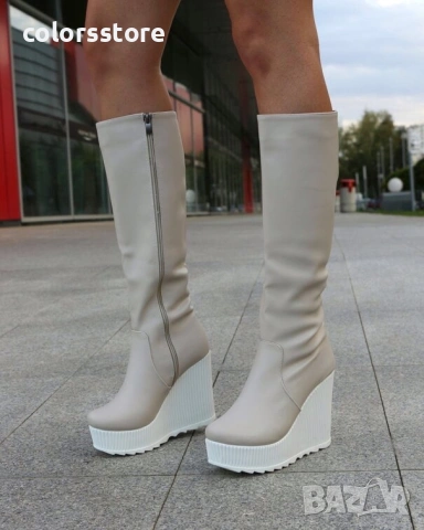 Ботуши на платформа - бежова кожа с бяло ходило - BNP200