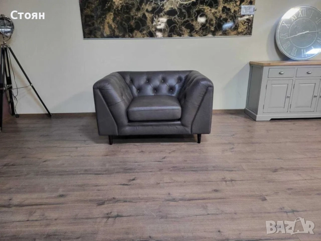 Кафяв кожен фотьойл тип Честърфийлд, снимка 6 - Дивани и мека мебел - 51955791