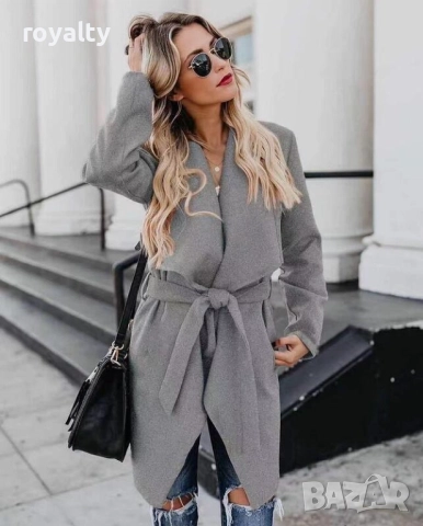 Дамско сиво палто с колан
