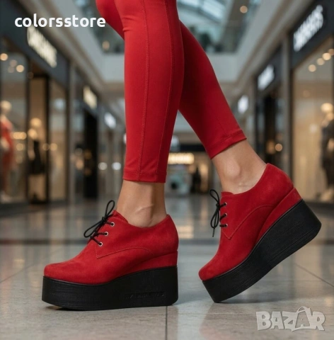 Обувки на платформа - червен велур - 120K 
