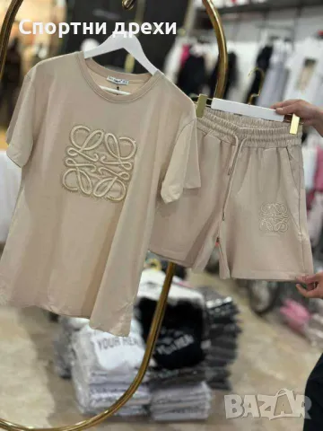 Дамски летни памучни къси комплекти LOEWE,високо каество с бродерия и  камъчета,2 цвята, снимка 3 - Спортни екипи - 50307811