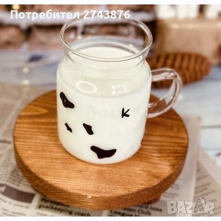  Стъклена чаша боросиликатно стъкло със стъклена сламка,Модел- Milk, Декор - крава, 450мл , снимка 2 - Чаши - 41186595