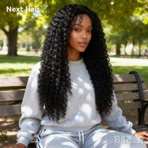 Черна афро къдрава перука с дантелена зона 13×4 - синтетична, 65 см
