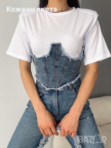 Ултра модетрна блуза с къс ръкав и дънков елемент тип корсет, снимка 1 - Тениски - 44968177