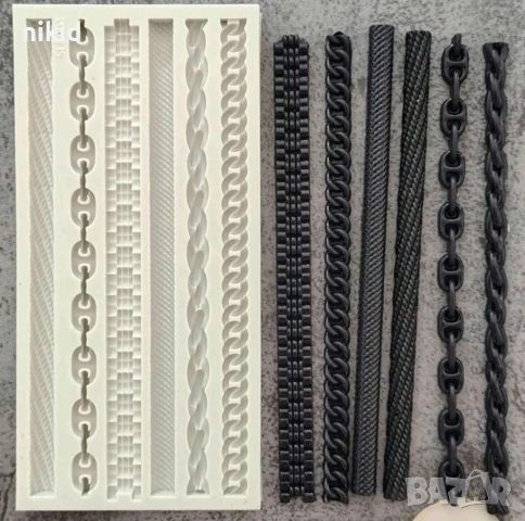 6 вида ланец въже верига верижка каишка борд кант силиконов молд форма фондан шоколад гипс декор