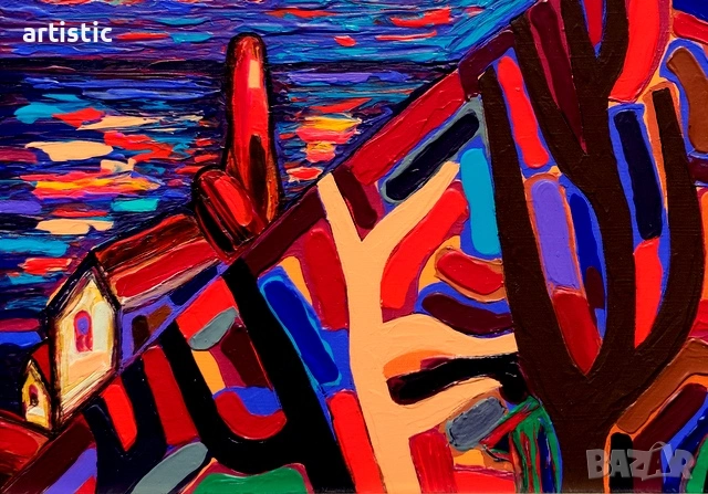 Генко Генков, живописен морски пейзаж с дървета, снимка 3 - Картини - 54044482