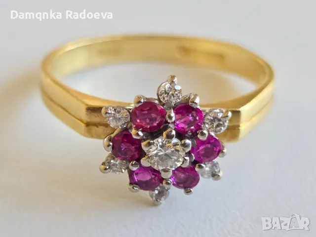Златен пръстен с Диаманти и Рубини 18 карата проба 750