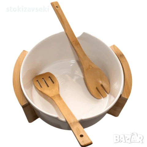 Керамична купа за сервиране с поставка от бамбук, снимка 1