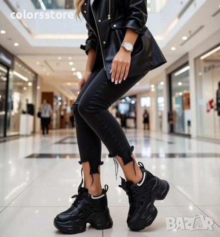 Кецове на платформа - черна кожа и мрежа - 3AL103 