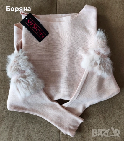 Бутик Vision - Нов розов пуловер кашмир с брошка, снимка 9 - Блузи с дълъг ръкав и пуловери - 37751508