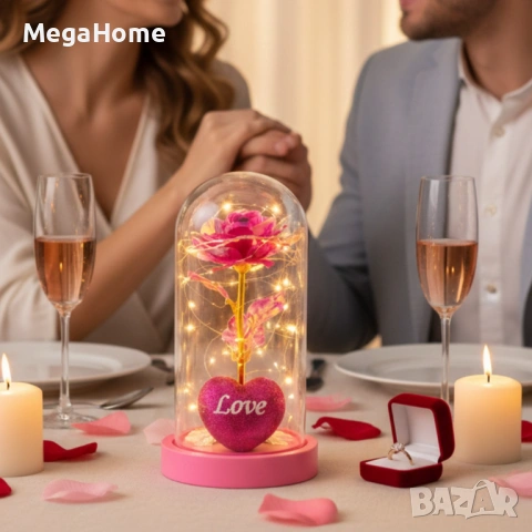 Светеща декоративна роза в Стъкленица - Светлина, романтика и любов, снимка 2 - Изкуствени цветя - 53333057