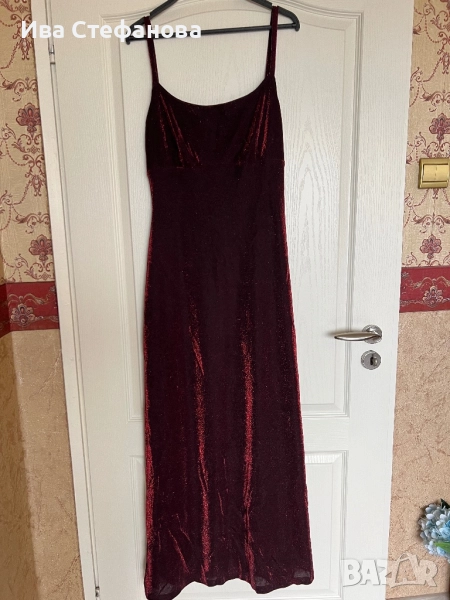 Нова дълга с цепка еластична парти коктейлна официална блестяща бордо рокля, снимка 1
