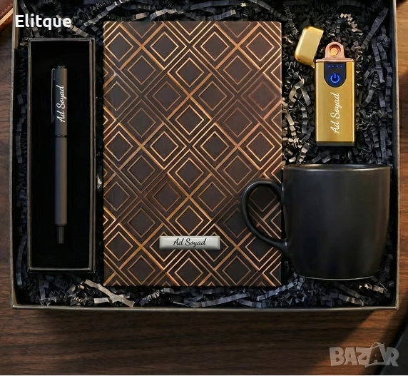 Персонализиран Премиум Подаръчен Комплект: Тъч Жълта USB Запалка & Ролер Химикал & Златно‑Черно Тефт, снимка 1