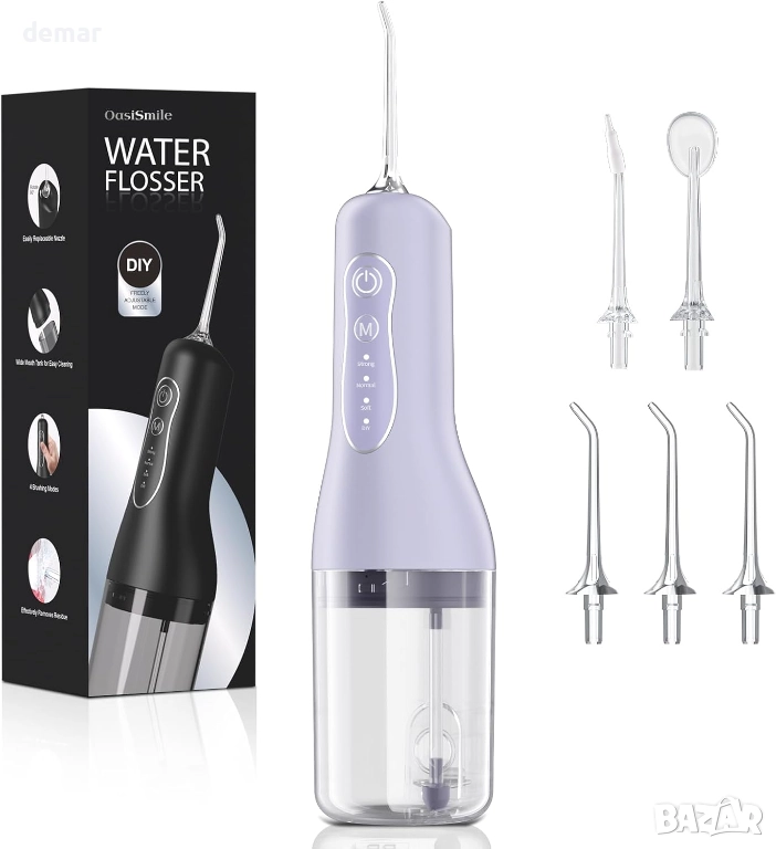 Безжичен зъбен душ, 5 дюзи и 4 режима, зъбен иригатор, 260 мл, лилав, снимка 1