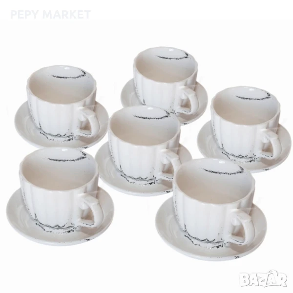 Комплект керамични чаши Сервиз от шест чаши с чинийка за топли напитки, чай или кафе, в красива карт, снимка 1