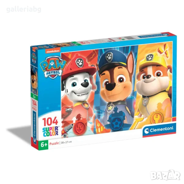 🧩 Пъзел Paw Patrol / Пес Патрул – Clementoni, 104 части (Marshall, Chase, Rubble), снимка 1