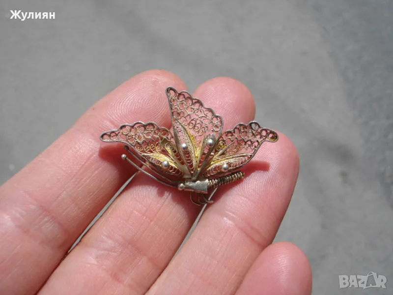 СТАРА СРЕБЪРНА БРОШКА ПЕПЕРУДА ФИЛИГРАН , снимка 1
