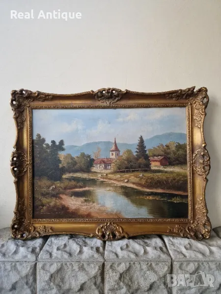 Прекрасна антикварна авторска холандска картина масло върху платно , снимка 1