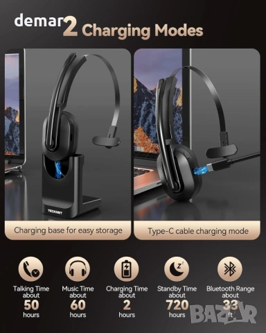 TECKNET Bluetooth слушалка, безжична слушалка с микрофон, зареждаща докинг станция, снимка 4 - Bluetooth слушалки - 53428609