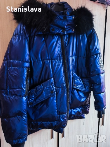 Дамско яке син металик. Зимно яке