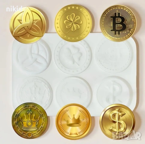 Bitcoin Биткойн Mora coin паричка монета долар корона детелина силиконов молд форма фондан , снимка 2 - Форми - 54011004