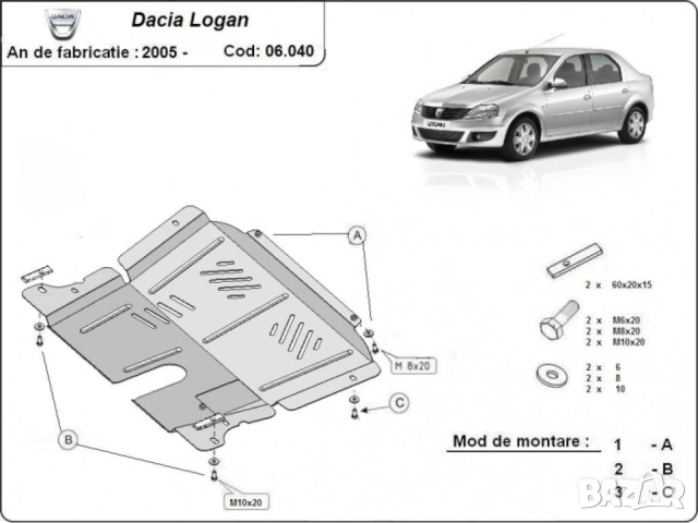 Метална кора под двигател и скоростна кутия Dacia Logan / Logan MCV 2005г – 2012г, снимка 3 - Аксесоари и консумативи - 53263738