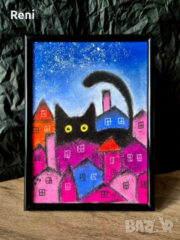 Сам в града, черна котка, картина оригинал