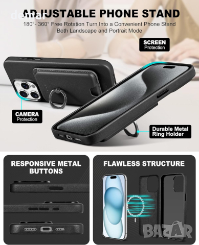 Калъф TUCCH Wallet за iPhone 15 Pro с държач за магнитна карта от PU кожа със стойка, черен, снимка 3 - Калъфи, кейсове - 44975943