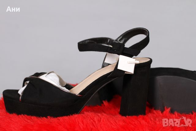Нови черни обувки сандали велур на ток, снимка 1 - Дамски елегантни обувки - 45963881