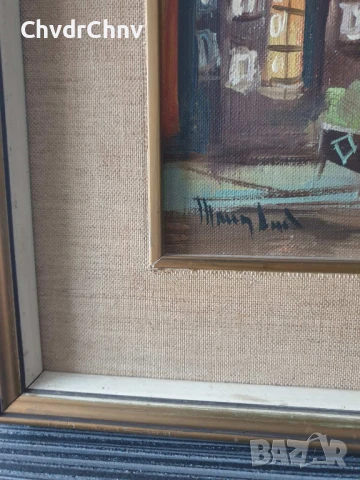 54х46см/малка стара картина масло върху платно/градски пейзаж/френско кафене/дървена рамка, снимка 8 - Картини - 51192662