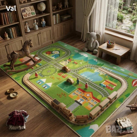 Детски килим за игра 120х160см - Яркозелен килим с влак и релси, противоплъзгащ и миещ се, снимка 2 - Килими - 53932098