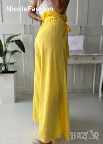Дамски панталон със широк крачол в жълто  , снимка 2 - Панталони - 45326020