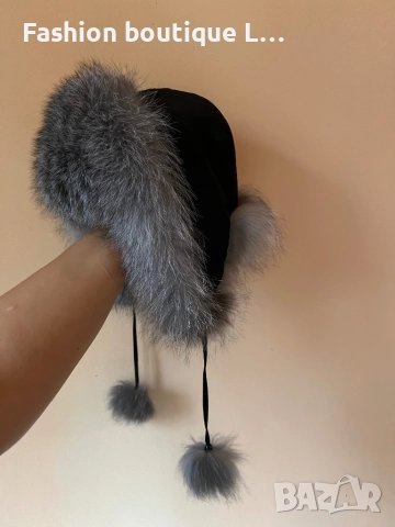 Дамска черна пухена шапка с ушанки и сив косъм ❤️, снимка 5 - Шапки - 52859601