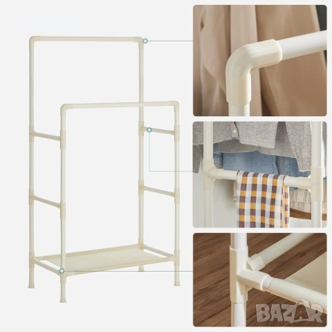 SONGMICS Закачалка за дрехи, метална стойка с 2 релси за окачване и рафт за съхранение, максимално н, снимка 4 - Гардероби - 53860299