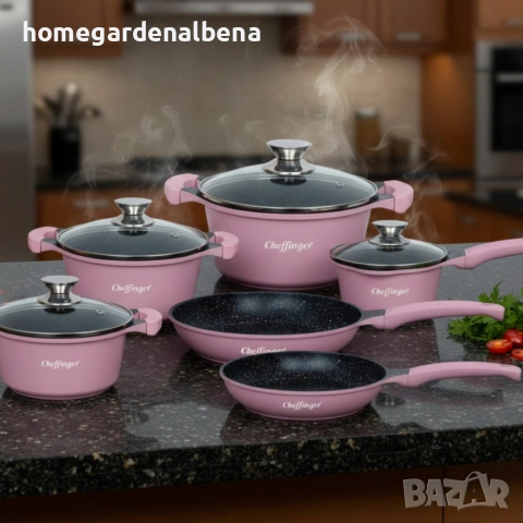 Комплект съдове за готвене Cheffinger 10 части мраморно покритие тенджери тигани, снимка 2 - Съдове за готвене - 54165498