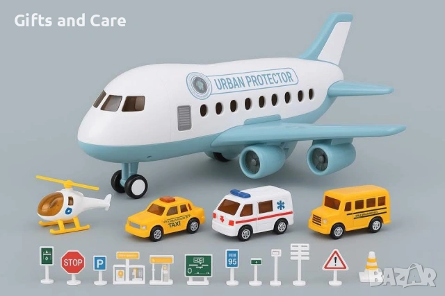 Детски самолет с писта, линейка, хеликоптер, такси и пътни знаци